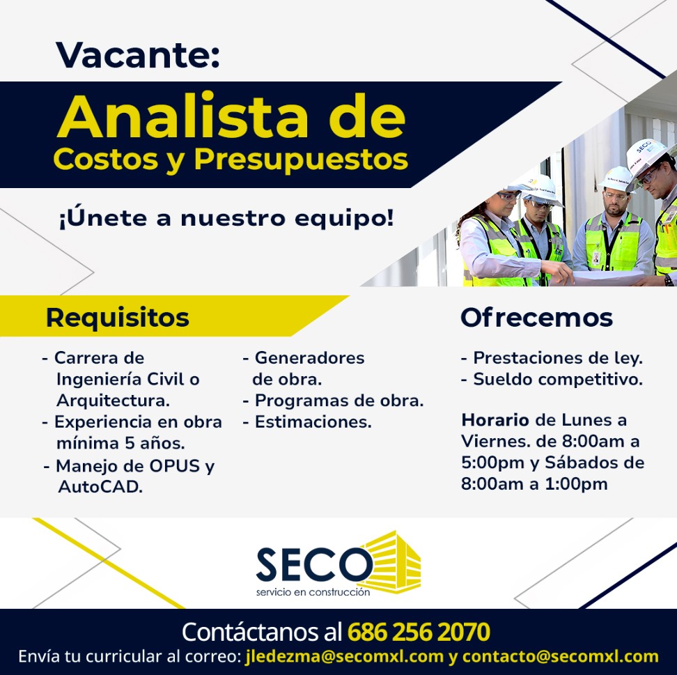 Vacante analista de costos y presupuestos