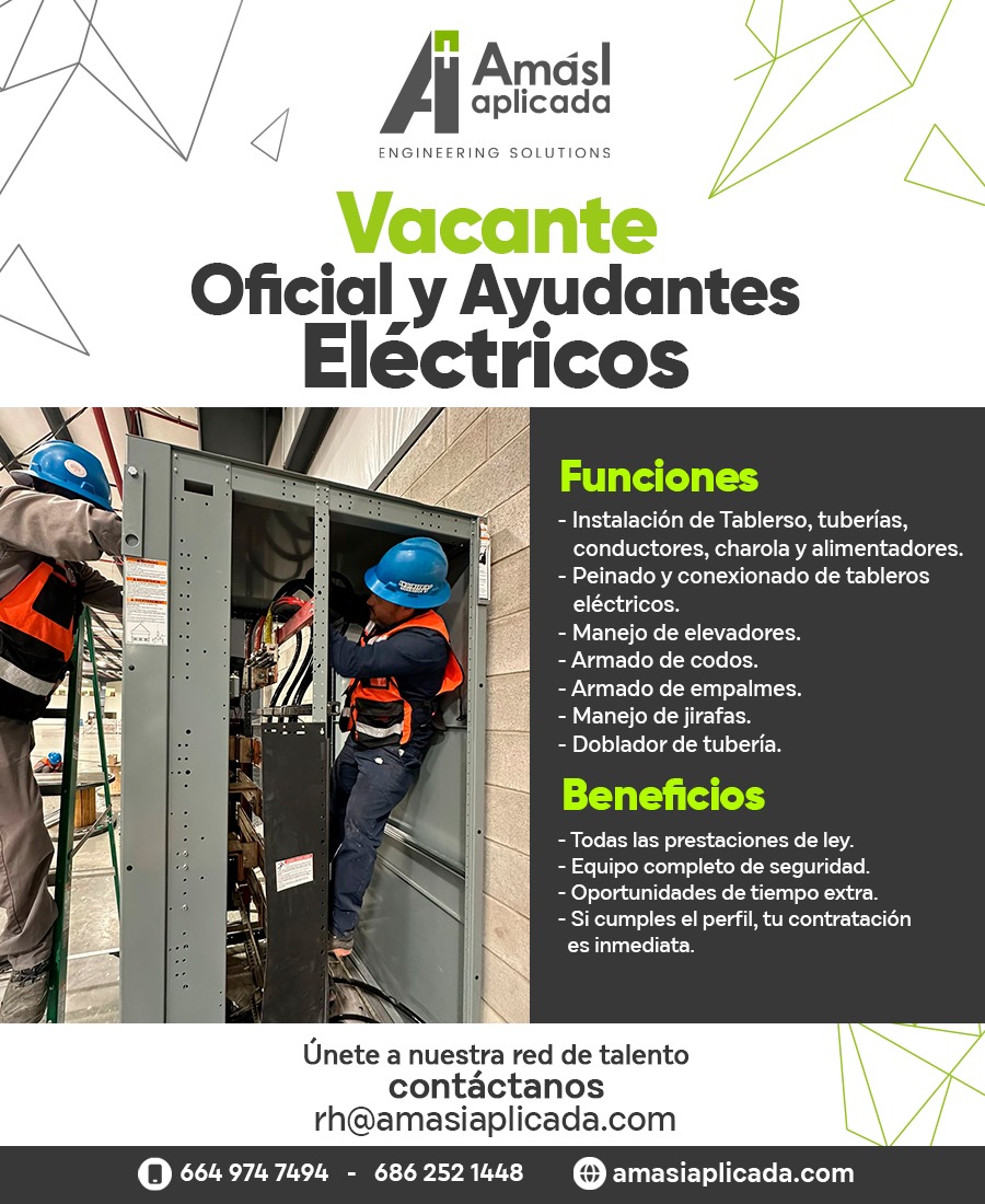 Vacante Oficial y Ayudantes Eléctricos en Mexicali